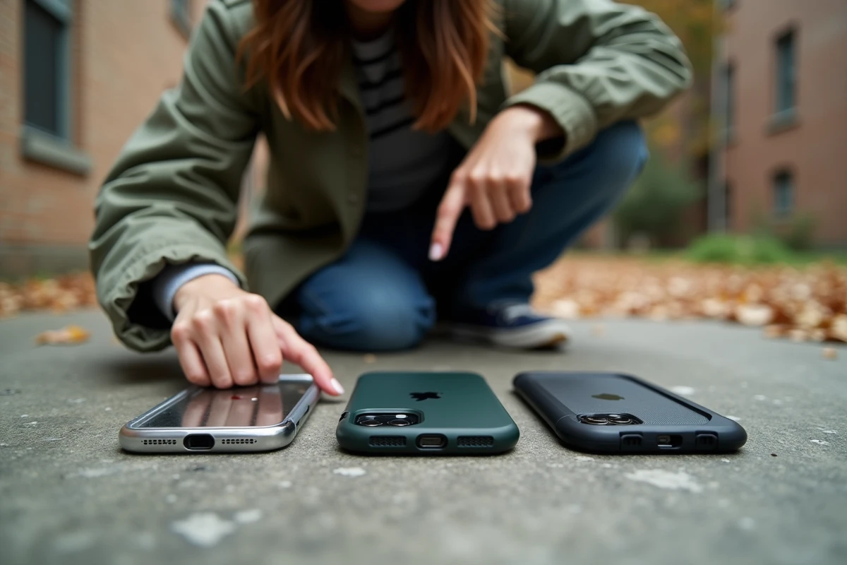 Comparaison de trois coques iPhone 15 Pro résistantes posées sur béton, femme évaluant les protections avant achat