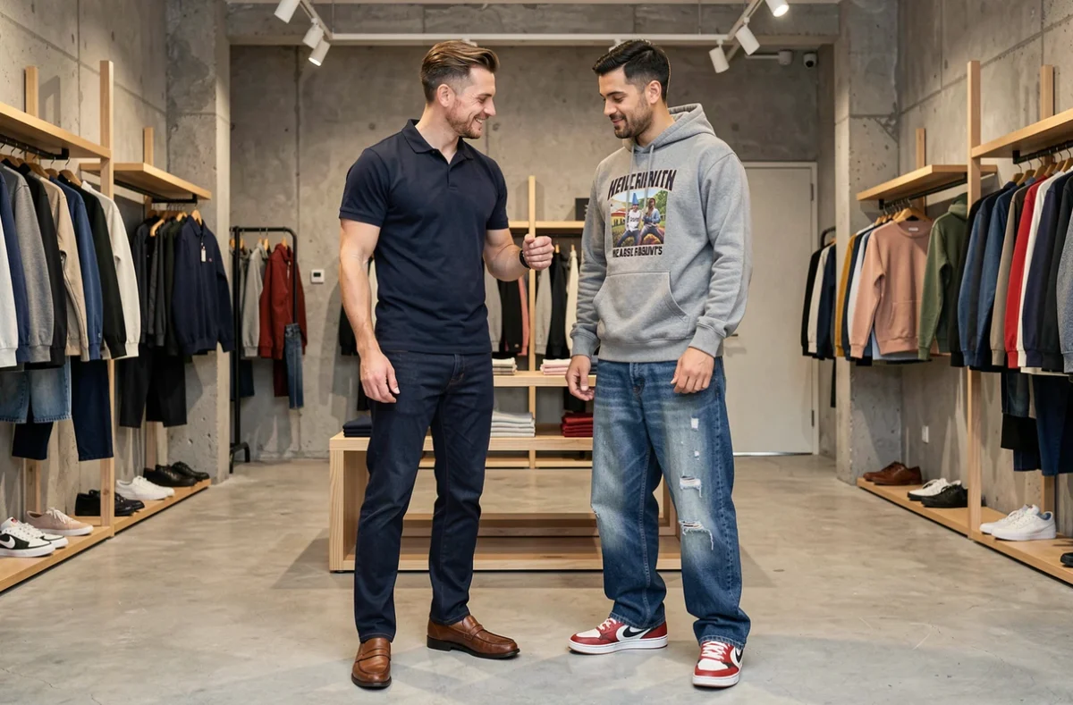 Deux hommes comparant jean slim marine et jean streetwear large dans une boutique contemporaine