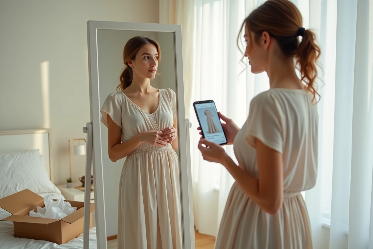 Femme comparant une robe reçue par colis avec la photo du produit sur son téléphone pour évaluer la qualité réelle