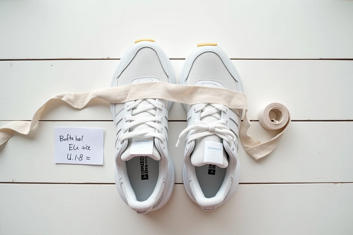 Comparaison de deux tailles de chaussures Adidas côte à côte avec un mètre ruban et un tableau de conversion de pointures