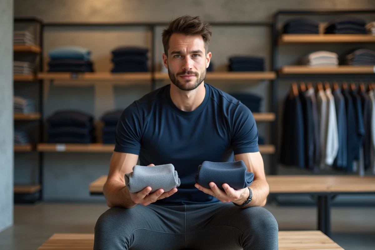 Homme comparant deux tissus spandex et polyester dans une boutique de sport moderne