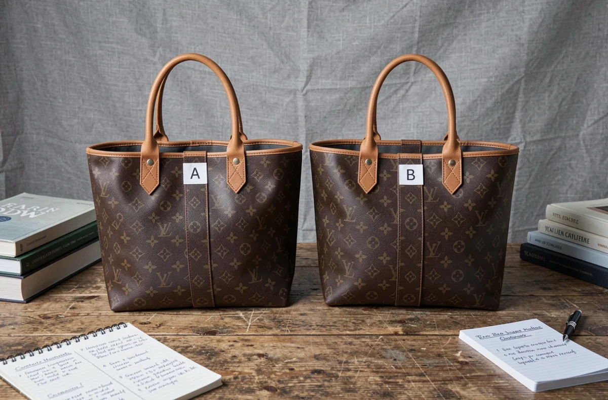 Comparaison côte à côte d'un vrai sac Vuitton et d'une contrefaçon sur un bureau en bois