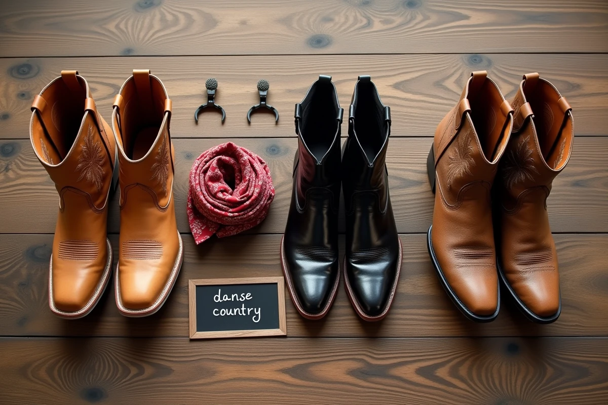 Comparatif de trois modèles de bottes cowboy pour la danse country disposés sur un plancher en chêne avec accessoires Western