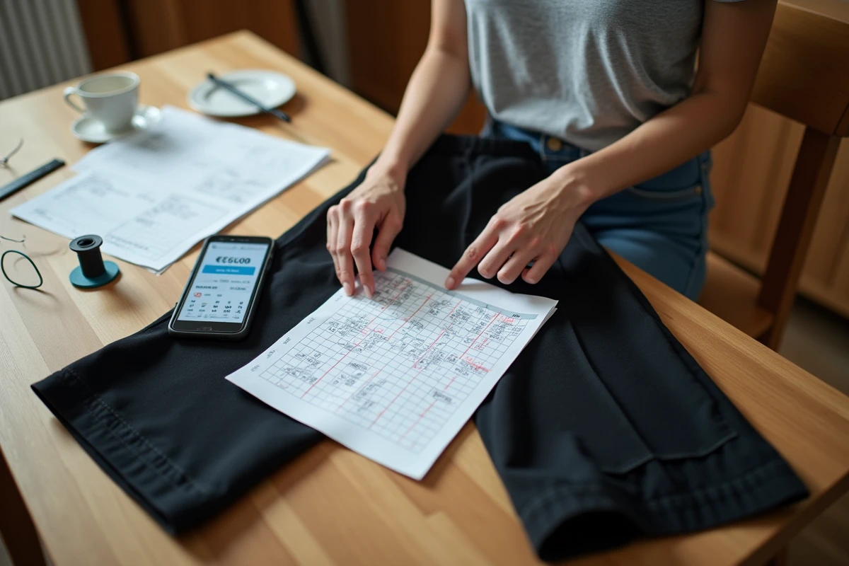 Femme comparant des prix d'ourlets de pantalon avec des notes et des outils de couture posés sur une table de cuisine