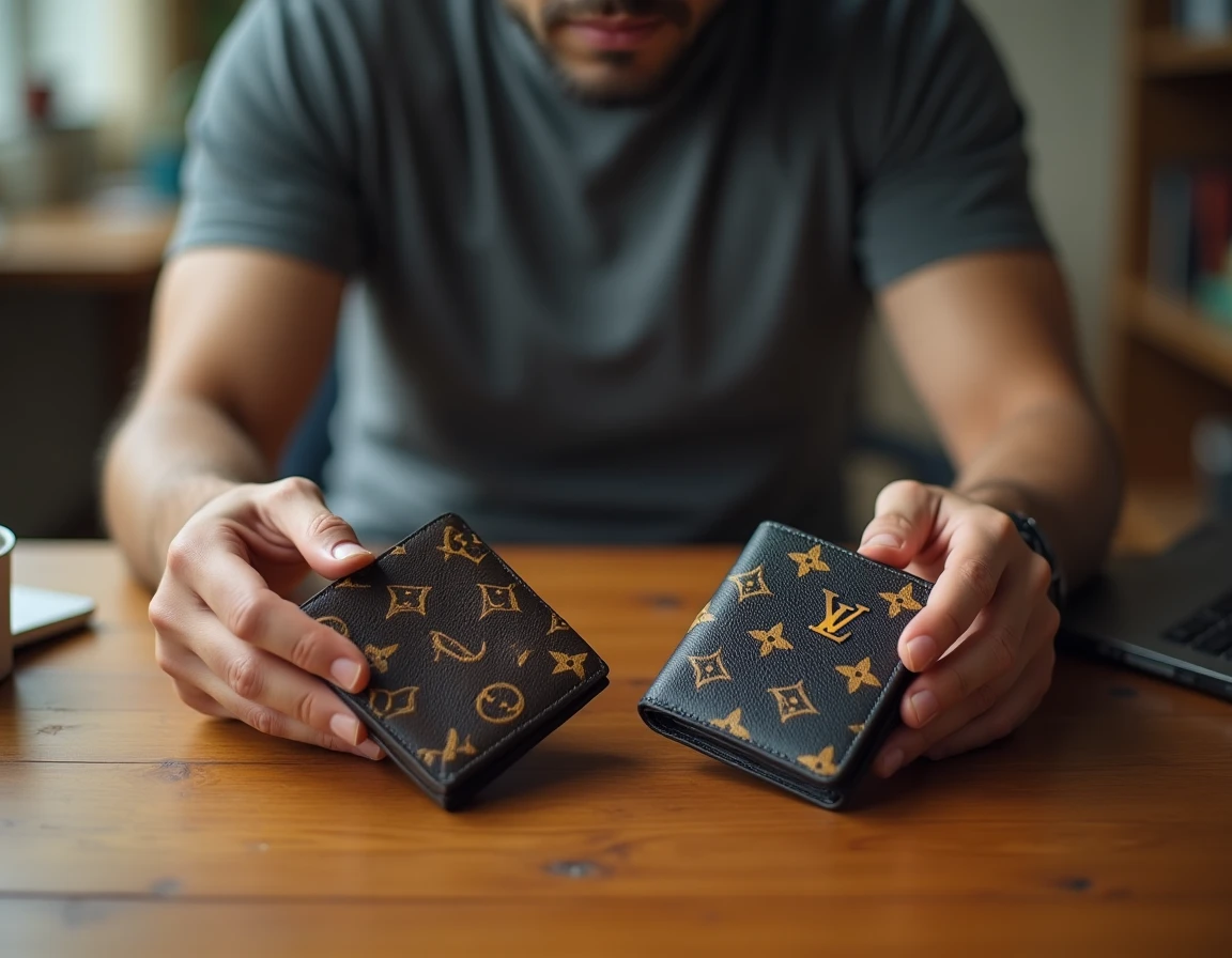 Comparaison de deux portefeuilles Louis Vuitton pour identifier un faux grâce aux détails du logo