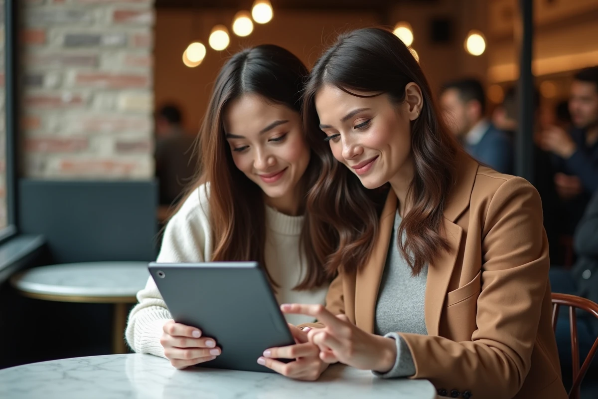 Deux femmes consultant ensemble une boutique de robes en ligne sur une tablette pour analyser la composition et la qualité du tissu