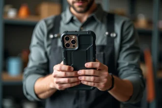 Homme en atelier tenant une coque iPhone 15 Pro robuste noire pour usage intensif, examinant les renforts d'angle