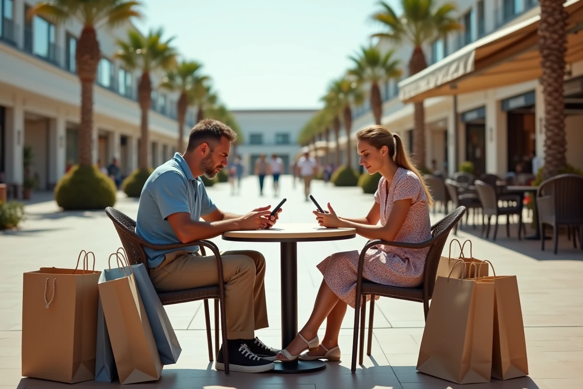 Couple fatigué assis en terrasse du centre Macarthur Miramas entouré de sacs shopping, exprimant une visite mal planifiée