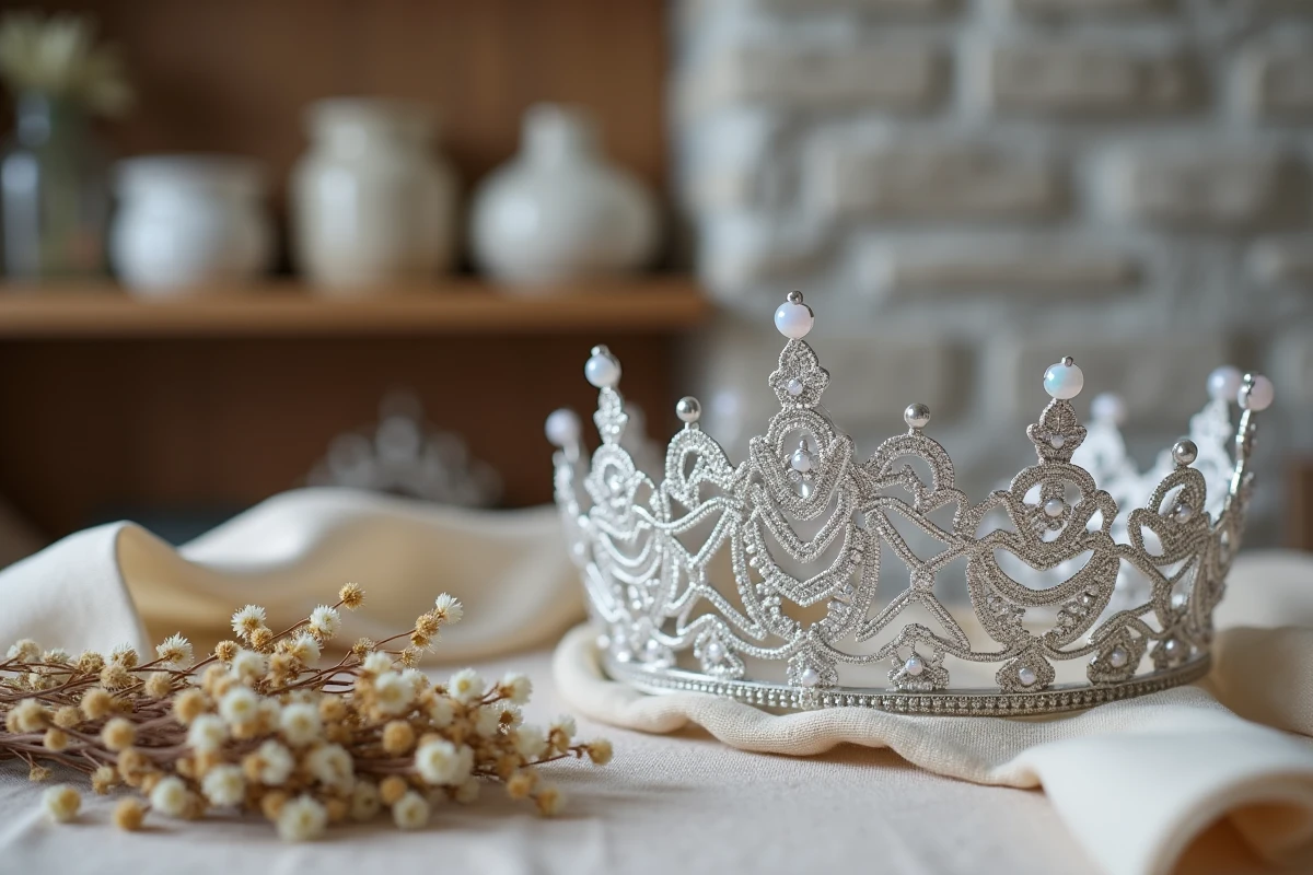 Gros plan d'une couronne de mariée princesse en filigrane d'argent avec pierres opales posée sur une surface en bois rustique dans un atelier de mariée