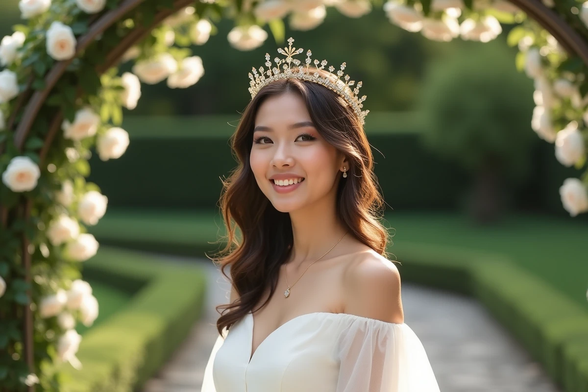 Femme portant un diadème doré fleuri dans un jardin romantique avec arche de roses blanches pour un mariage de conte de fées