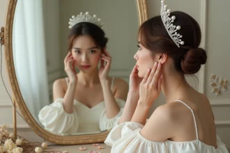 Mariée portant une couronne princesse en argent ornée de perles devant un miroir vintage dans une suite nuptiale élégante