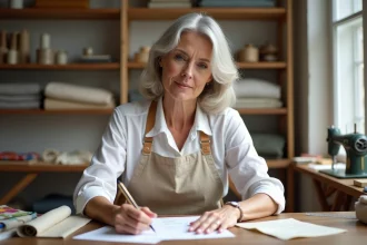 Couturière à domicile estimant le tarif de ses prestations avec une liste de prix manuscrite et des échantillons de tissu sur une table en bois