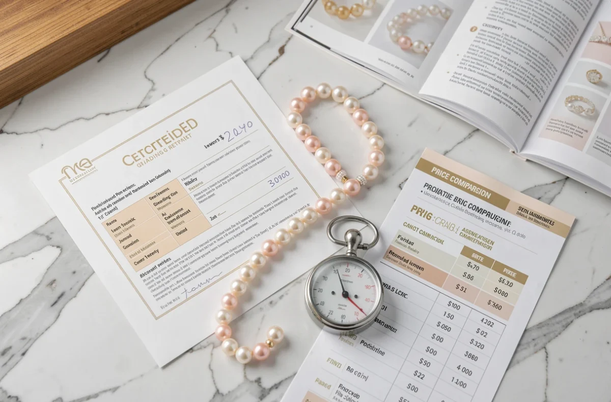 Mise à plat sur marbre blanc montrant un rapport de certification de perles de culture, une balance et un guide de prix, illustrant les critères de qualité