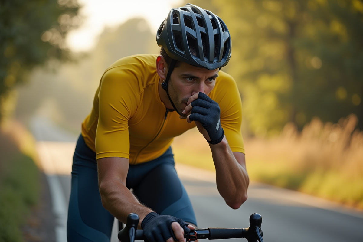 Cycliste homme en pleine nature en train de s essuyer le nez avec son gant