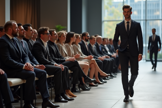 Groupe élégant assis lors d'un défilé de mode