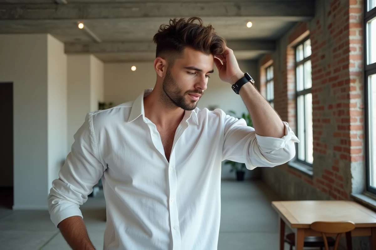 Jeune homme aux cheveux fins coiffé d'un dégradé espagnol dans un appartement urbain au style industriel