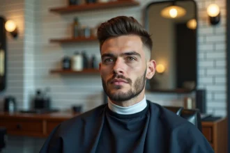 Homme aux cheveux fins avec un dégradé espagnol soigné assis dans un fauteuil de barbier moderne