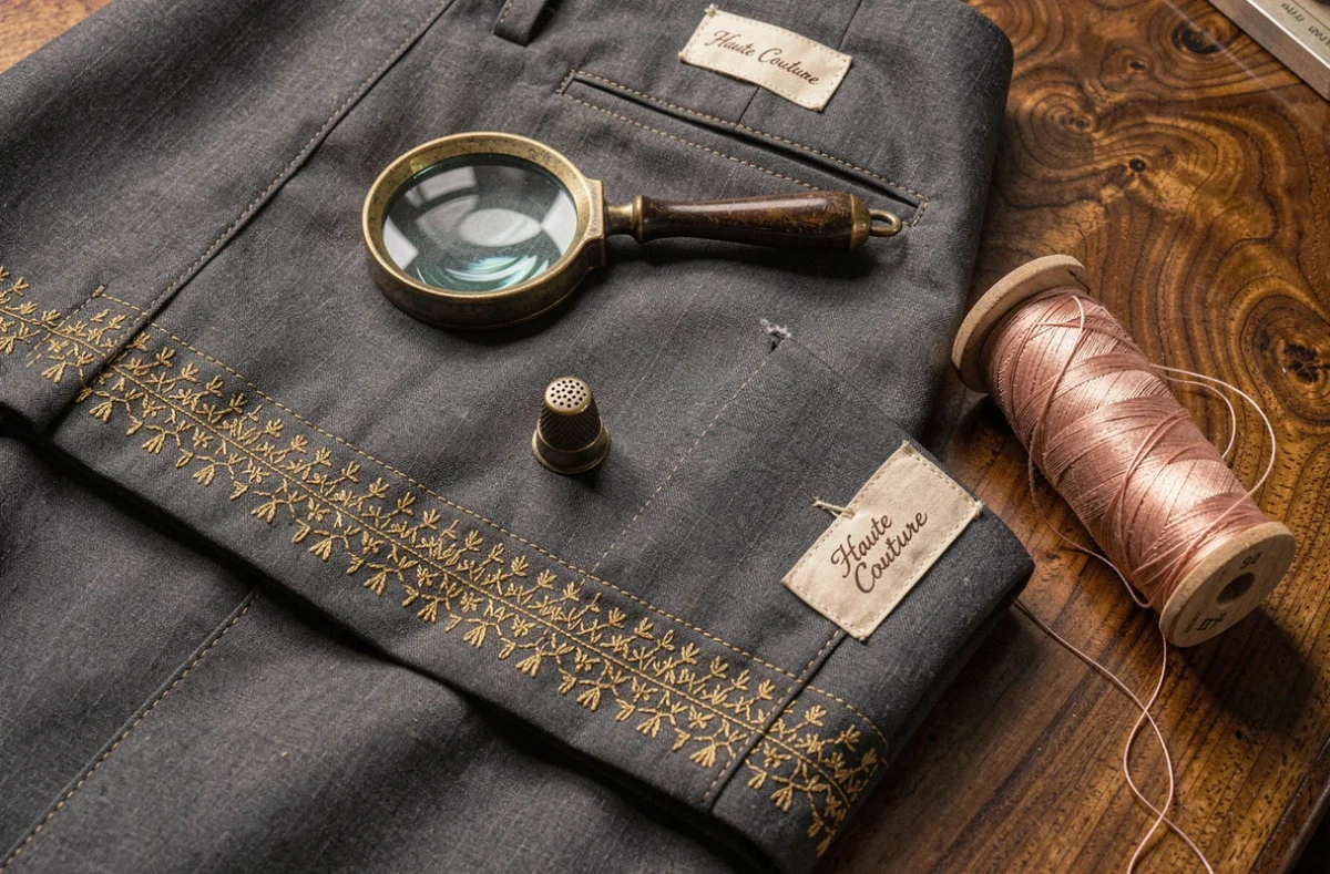 Détail artisanal d'un pantalon de haute couture extrêmement coûteux sur une table d'atelier en bois de rose