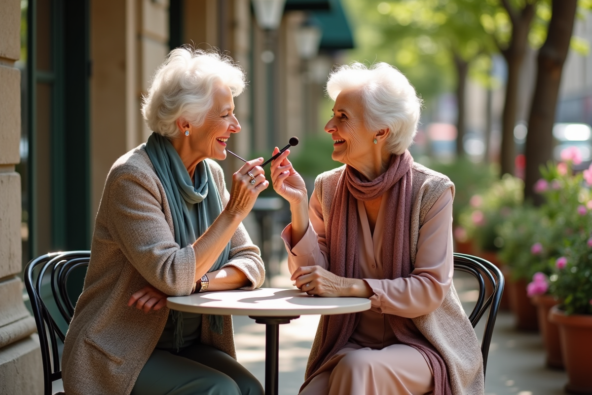 Deux femmes de 70 ans riant au café en plein air