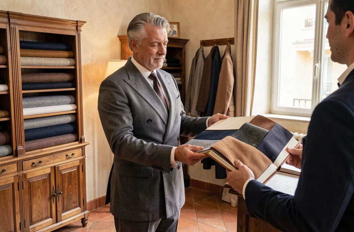 Atelier de Di Castri, tailleur italien à Paris, avec tissus italiens et tailleur en costume double boutonnage