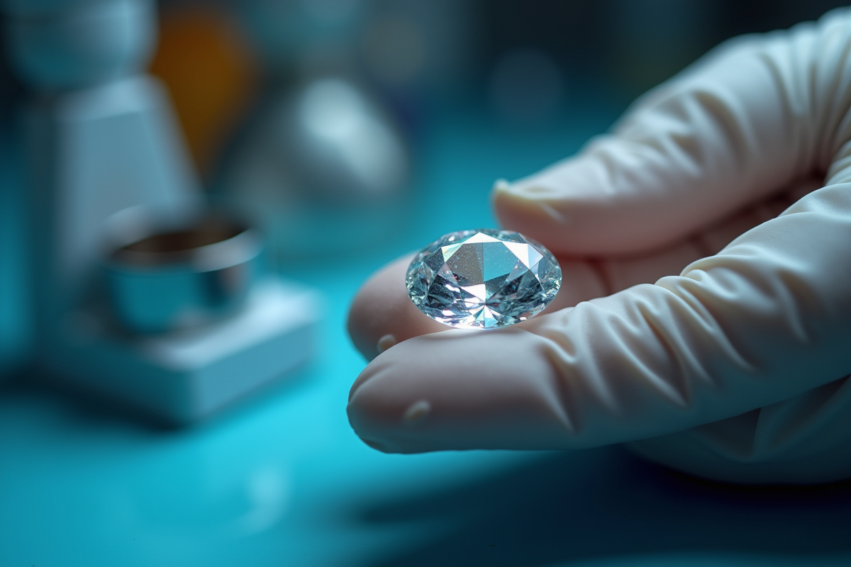 Main gantée tenant un diamant brillant sous lumière naturelle
