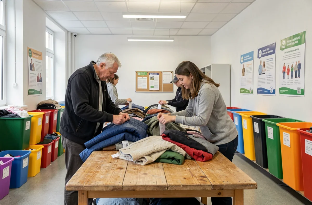Bénévoles triant des vêtements donnés dans la friperie solidaire Ding Fring à Lille