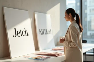 Directrice artistique comparant deux versions d'un logo de marque de vêtements dans un studio de design épuré