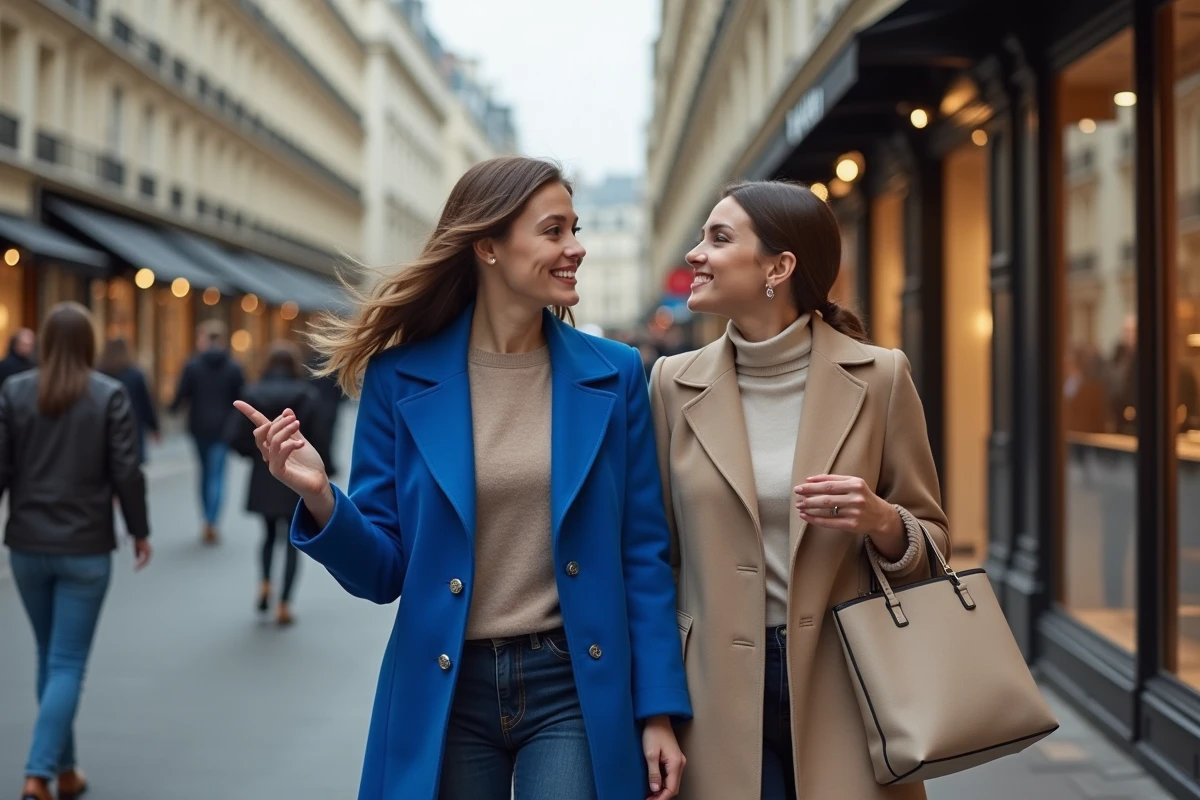 Deux femmes élégantes découvrant les vitrines de boutiques de luxe dans une rue parisienne, tendances mode automne-hiver