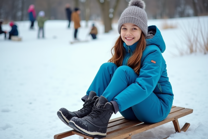 Jeune fille souriante en tenue d'hiver sur une luge enneig&eacute;e