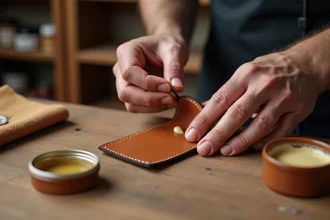 Mains masculines appliquant un baume conditionneur sur un porte-carte en cuir cognac posé sur une table d'artisan en bois