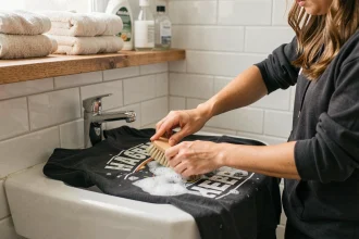 Femme entretenant un hoodie streetwear Bullrot en le lavant à la main avec soin dans un évier en céramique blanche