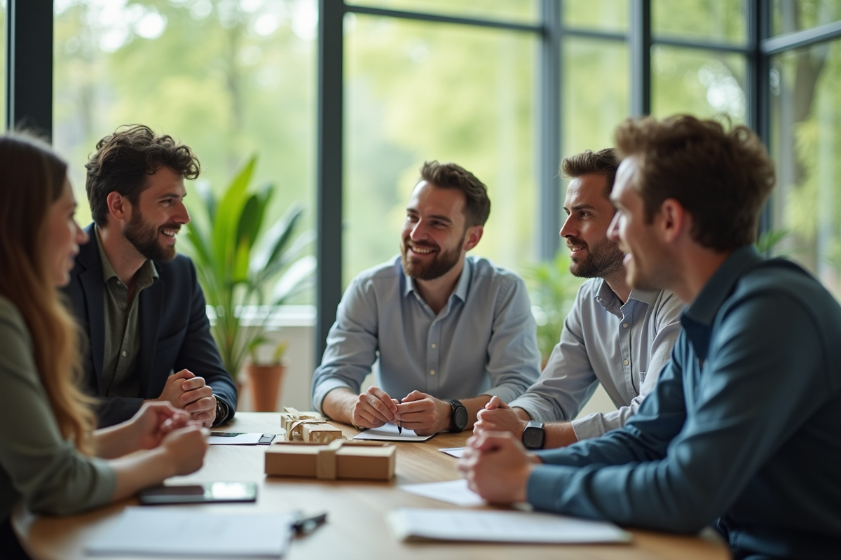 Groupe de professionnels discutant d'emballage durable dans un bureau lumineux