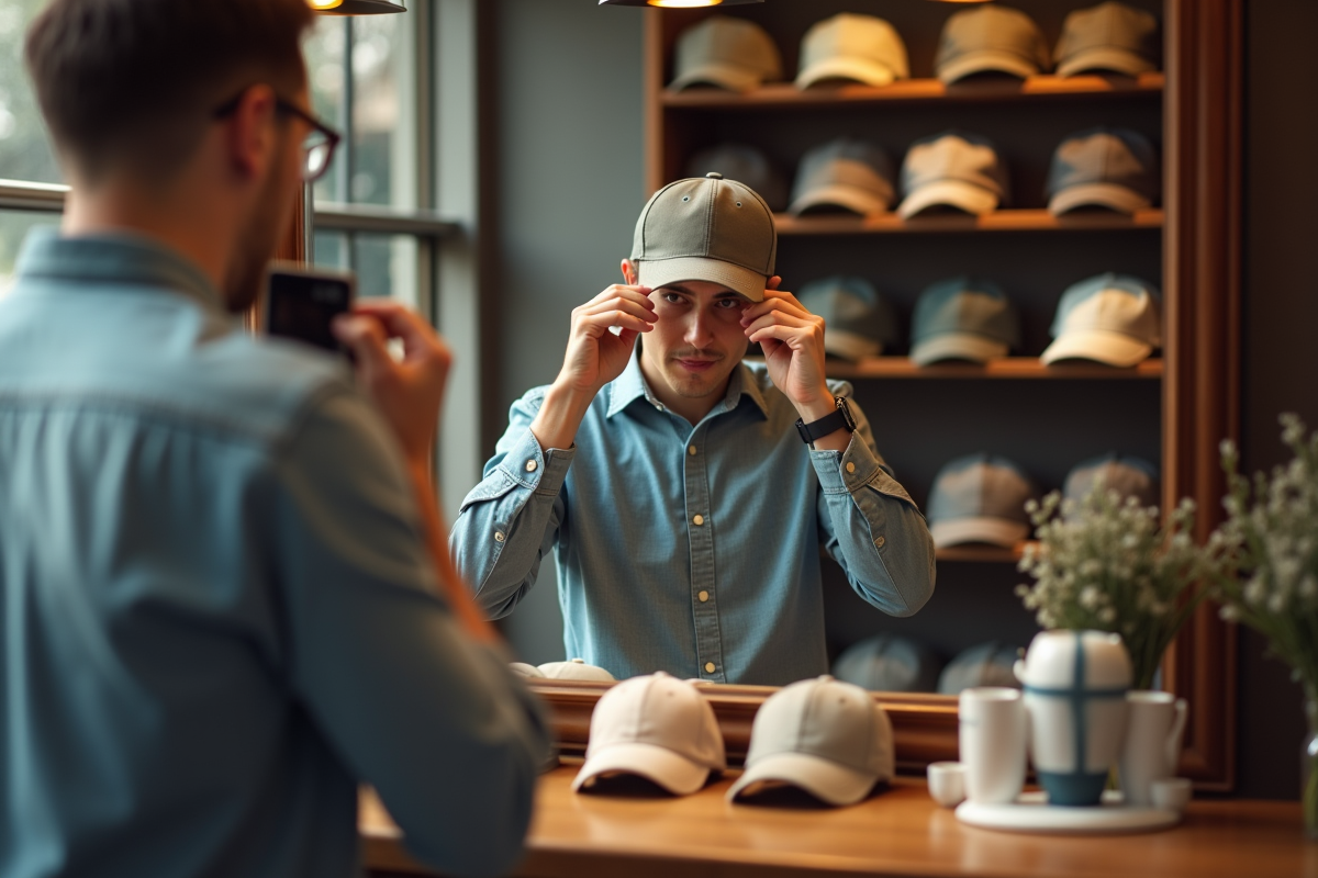 Personne essayant des casquettes dans une boutique ensoleillee