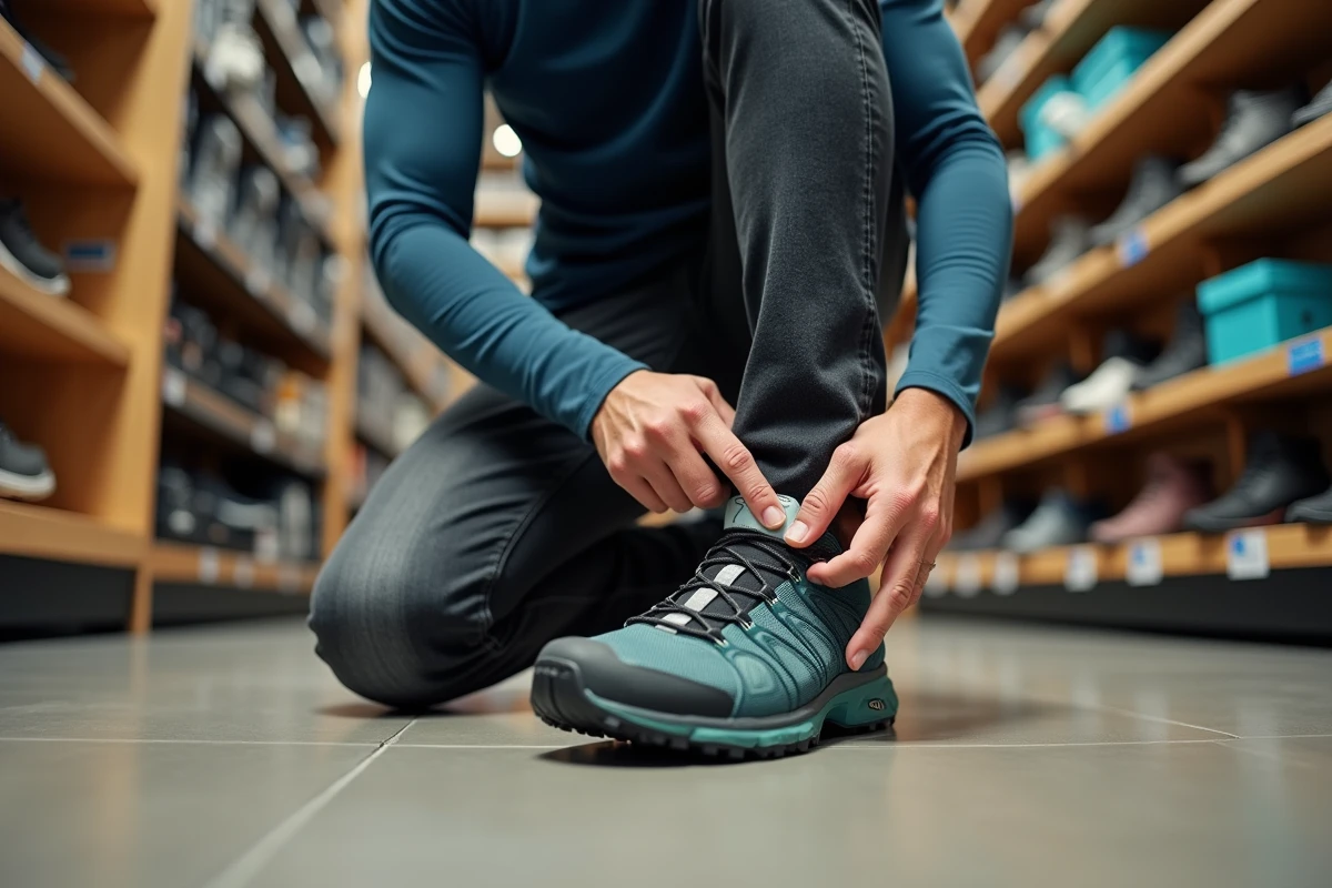 Homme essayant des chaussures de trail Salomon en magasin, vérifiant l'espace au niveau des orteils pour trouver la bonne pointure