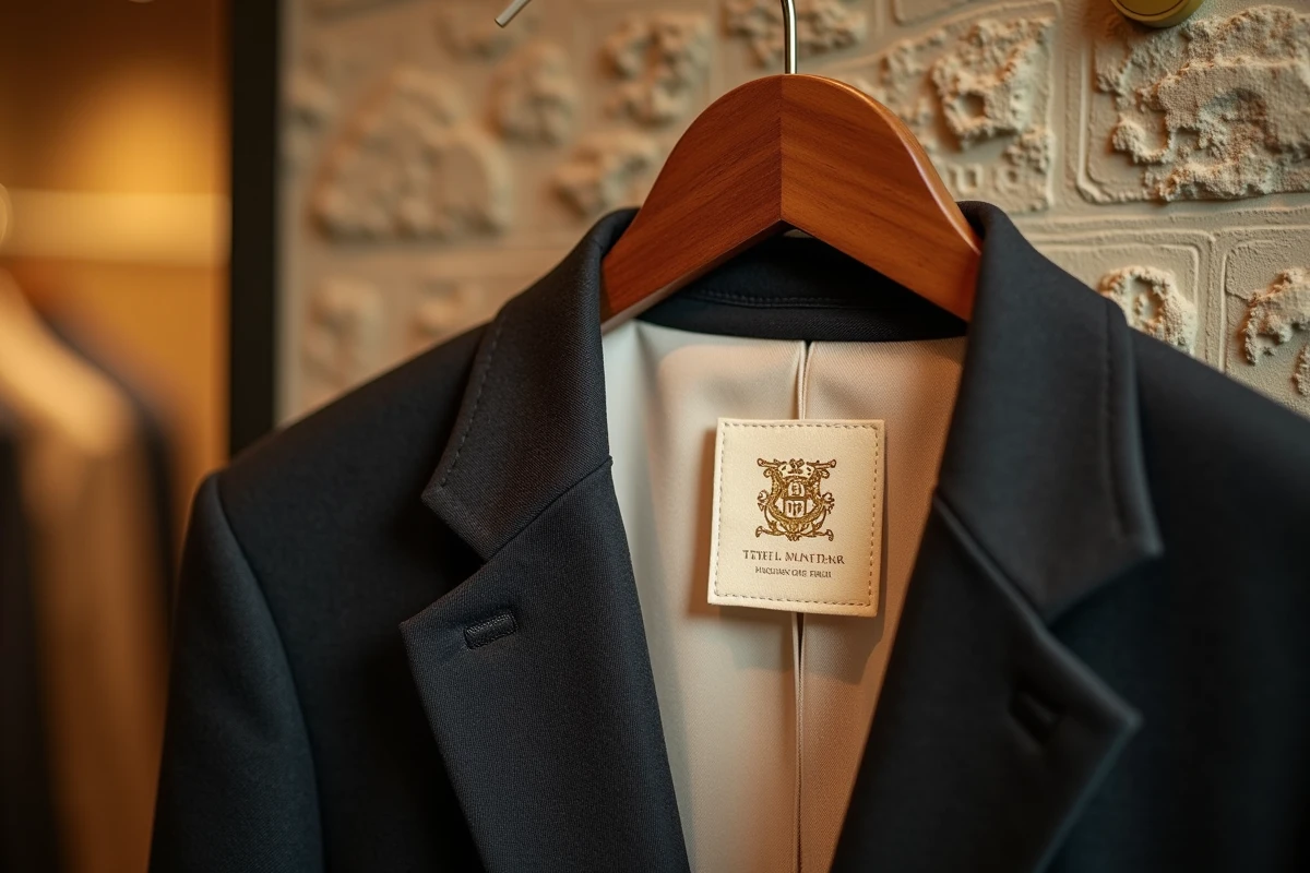 Étiquette intérieure et hangtag en relief doré d'un blazer haut de gamme illustrant la montée en gamme d'une marque de vêtements