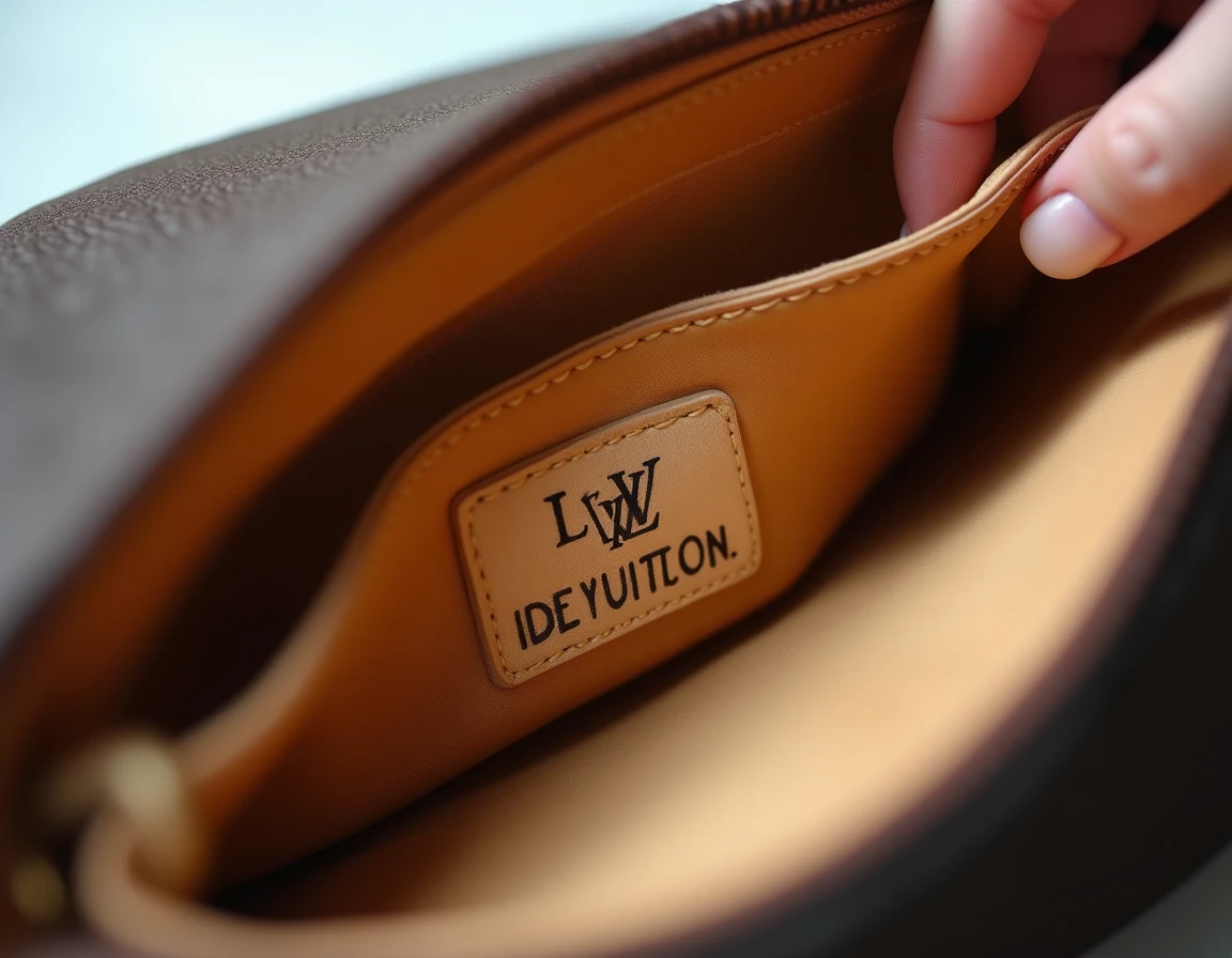 Gros plan sur l'étiquette intérieure et le numéro de série d'un sac Louis Vuitton pour vérifier son authenticité