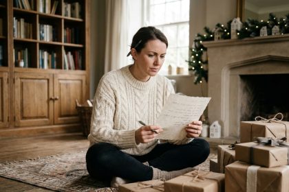 Femme réfléchissant à des idées de cadeaux originaux entourée de paquets emballés dans un salon chaleureux
