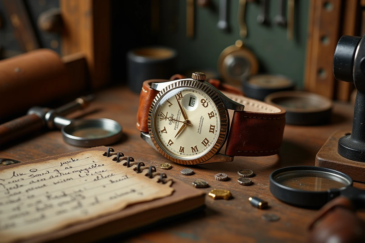 Montre Rolex Day-Date posée sur un établi d'horloger avec des outils d'expertise et des notes d'évaluation