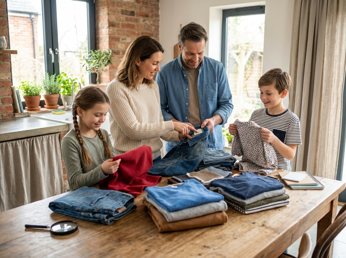 Famille réunie autour d'une table pour choisir des vêtements confortables et durables ensemble