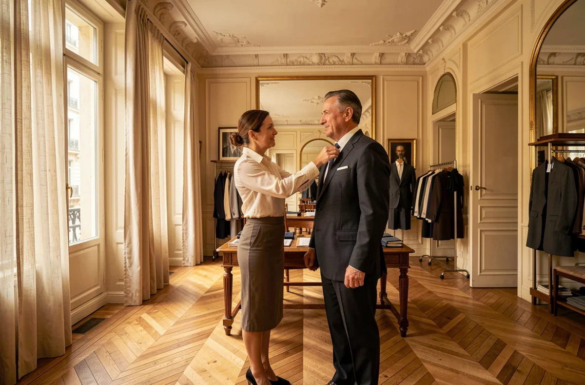 Salon de tailleur haut de gamme Faubourg Saint-Sulpice à Paris avec architecture haussmannienne et client en essayage