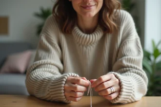 Femme en sweater posant avec un anneau fait main