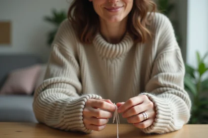 Femme en sweater posant avec un anneau fait main
