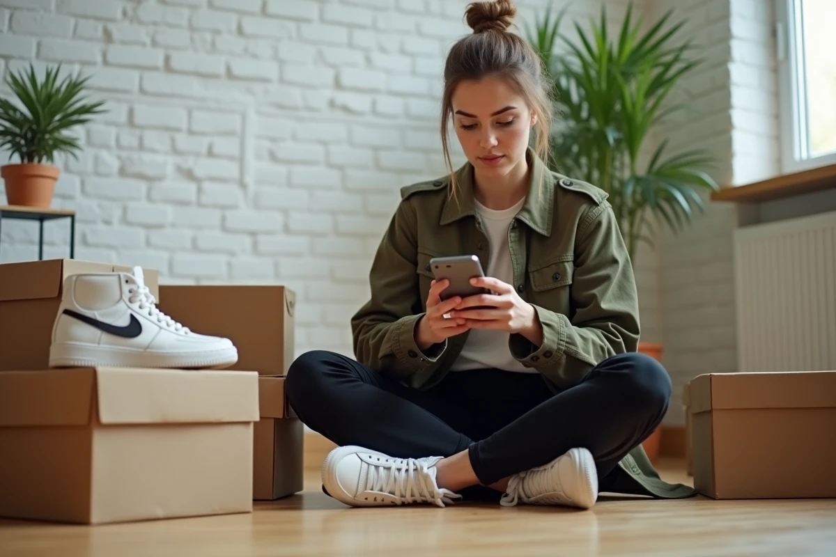 Femme consultant une application de drop sneakers entourée de boîtes de chaussures dans un appartement moderne