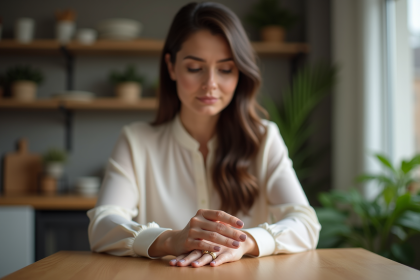 Femme examinant une bague en or taille 9 dans un intérieur cosy