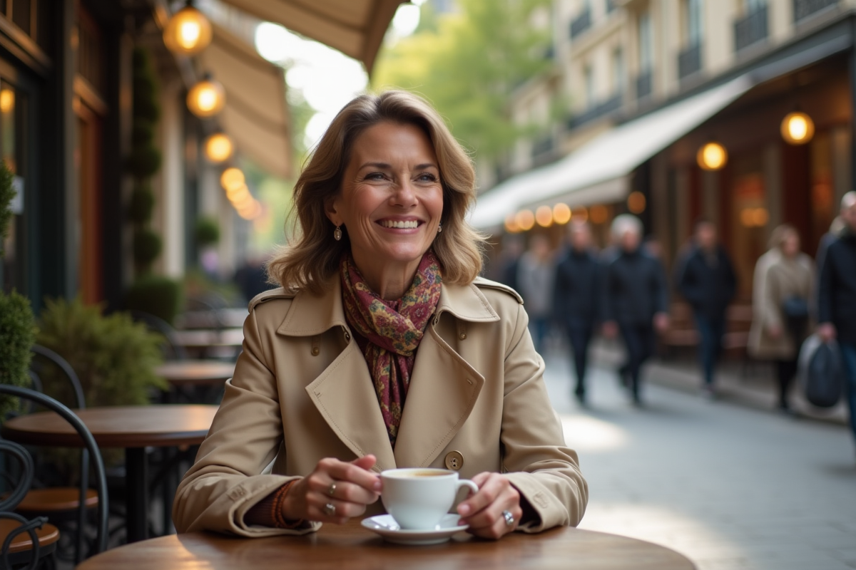 Femme souriante en trench beige dans un bistrot parisien