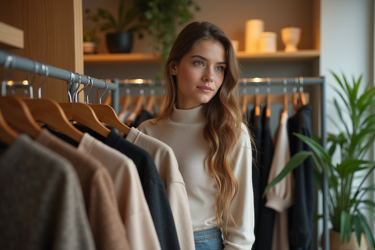 Jeune femme dans boutique de mode futuriste