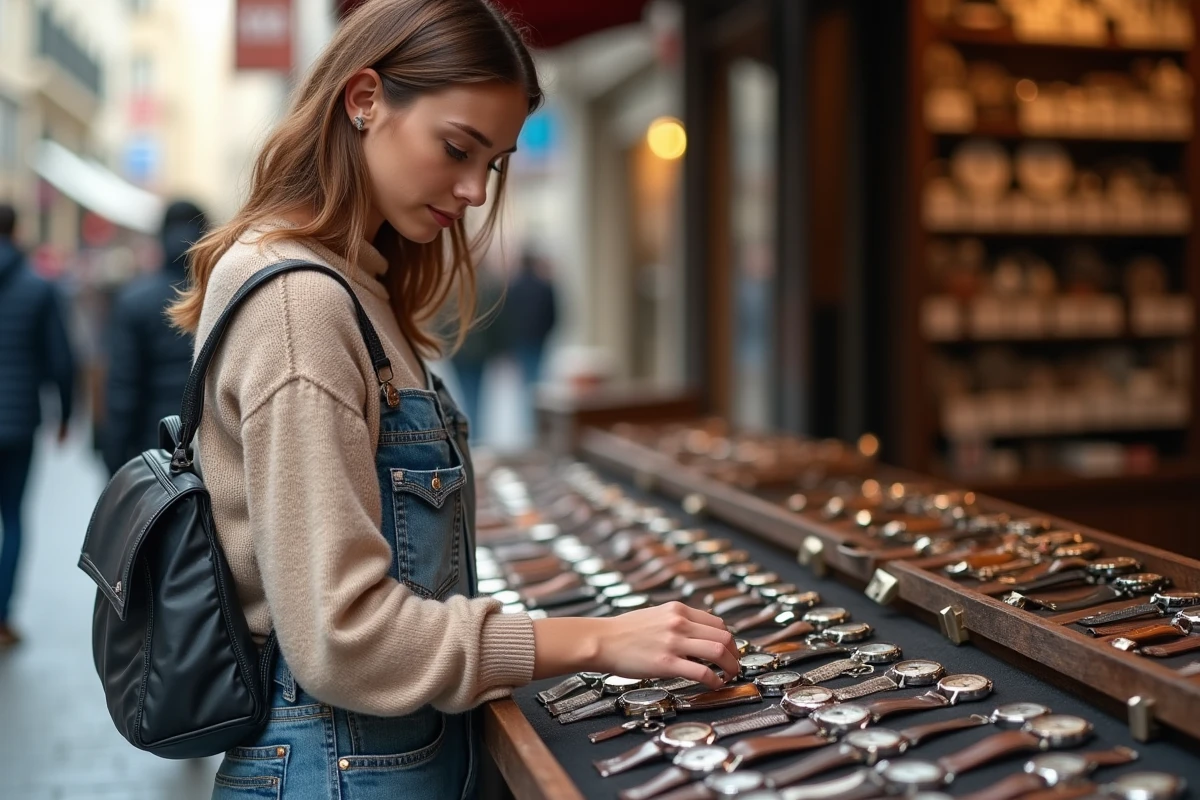 Jeune femme regarde une montre dans un march&eacute; europ&eacute;en en plein air