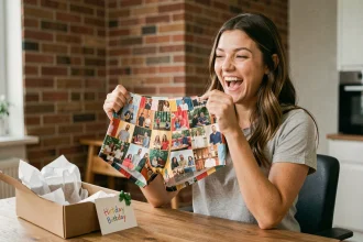 Femme riant en tenant un boxer personnalisé avec motif photo, assis à une table en bois dans un appartement cosy