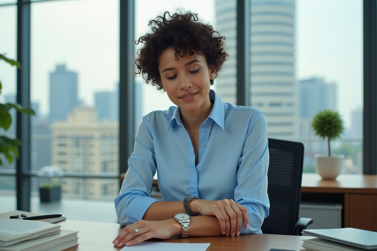 Jeune femme au bureau vérifiant l