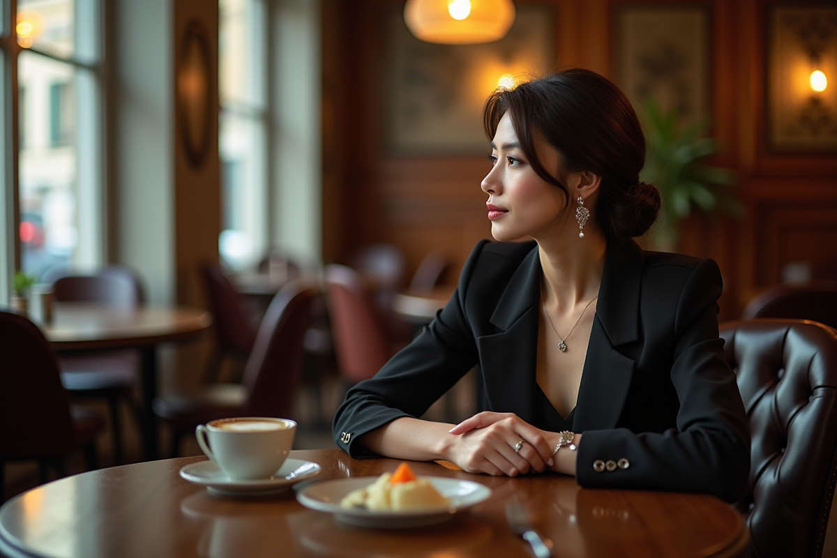 Femme élégante assise dans un café intérieur